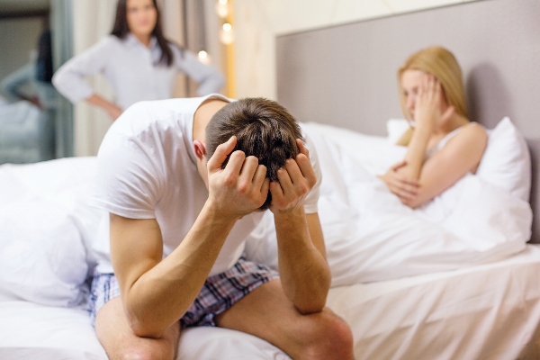 hotel, travel, relationships and sexual problems concept - wife caught man cheating with another wom
